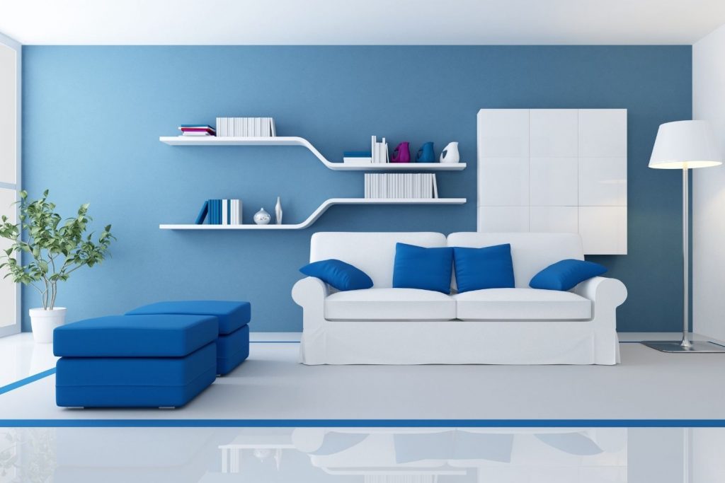 living room with medium blue wall