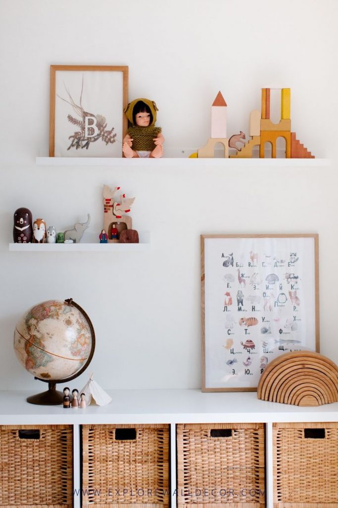 ledges decorated with pictures and home decor