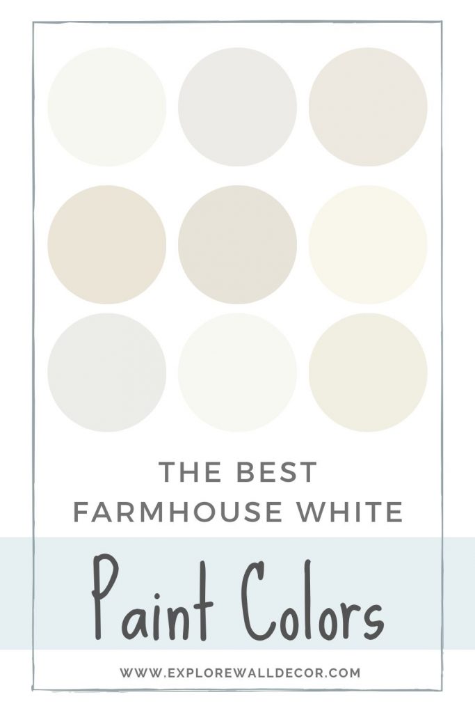 pinterest image with nine white paint splashes and text that reads: the best farmhouse white paint colors