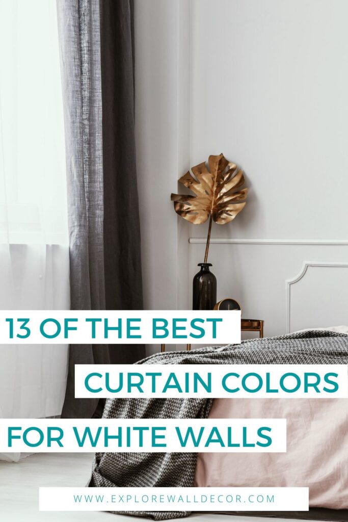 bedroom with white and gray window coverings; text that reads: 13 of the best curtain colors for white walls