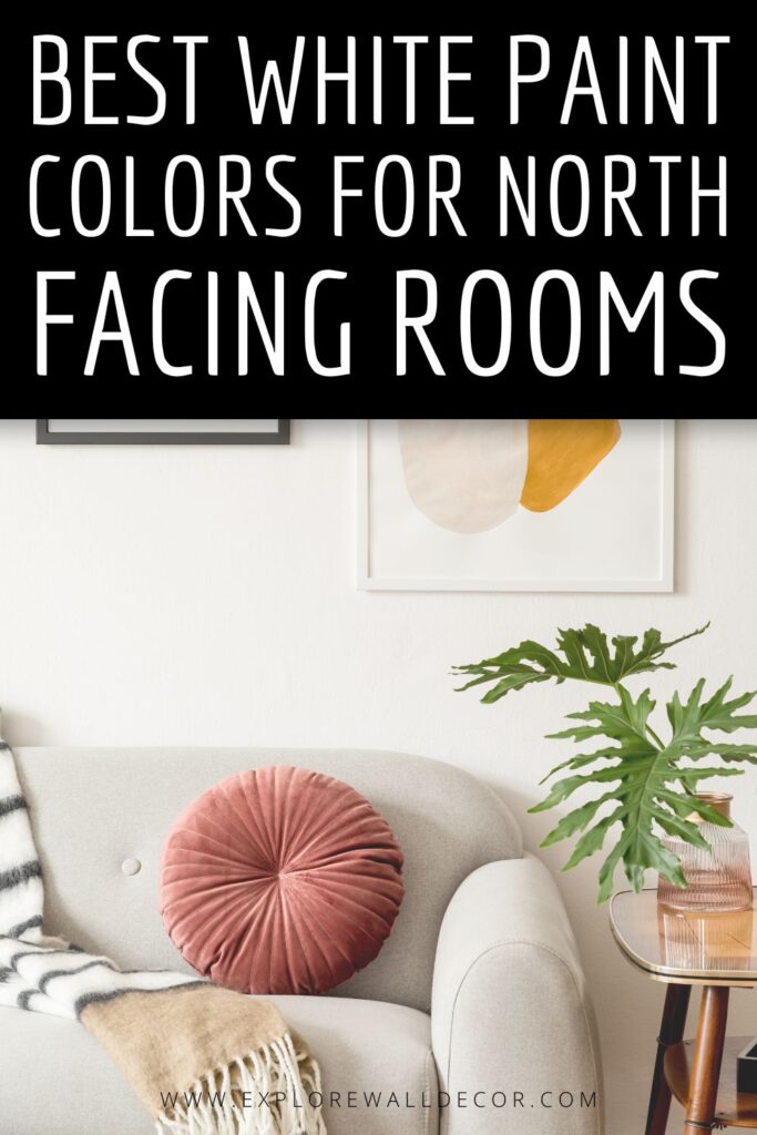 living room with white walls; text that reads: best white paint colors for north facing rooms