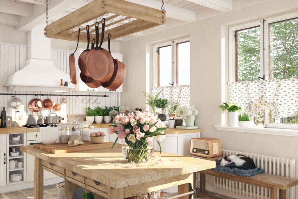 cottage inspired kitchen displaying components of the delicate whites and pastel cottagecore color schemes