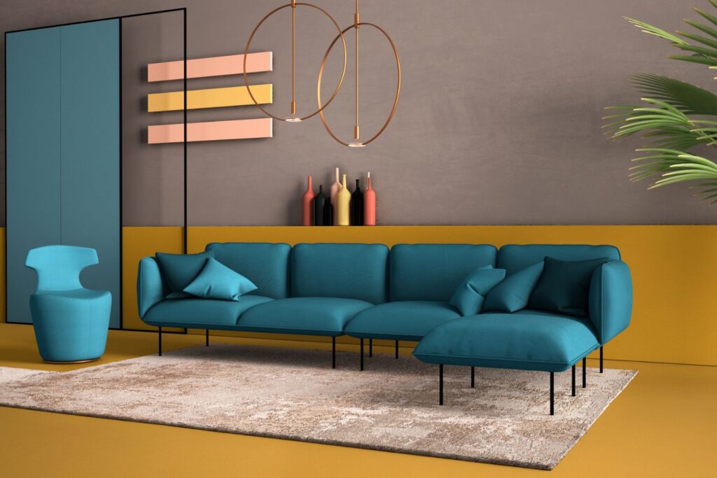living space with blue, gray, and gold wall colours
