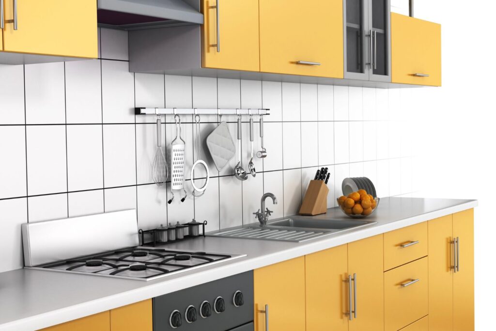 modern kitchen with utensil rack on wall