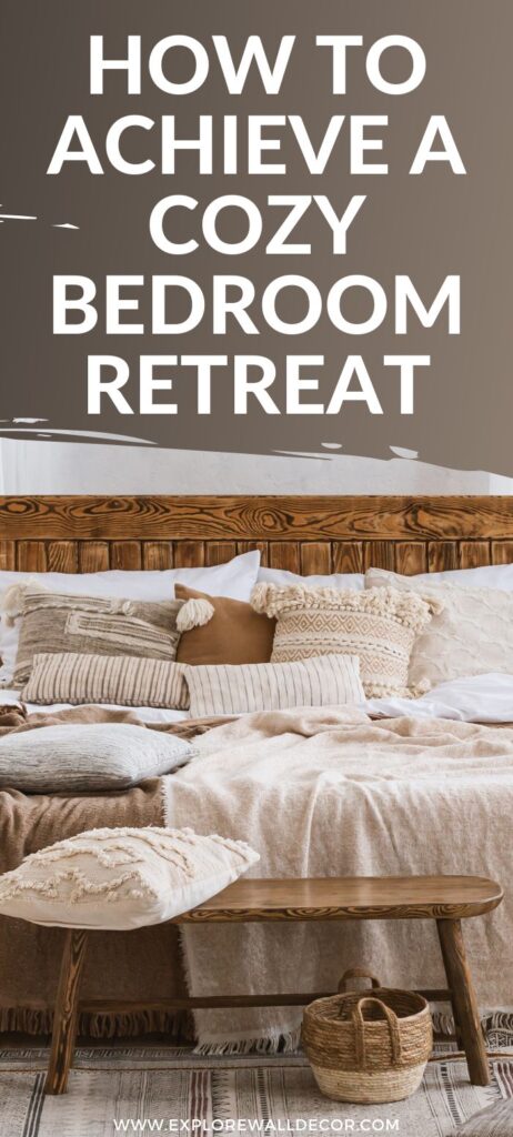 cozy bedroom aesthetic that has a bed with neutral bedding, lots of pillows, and a basket and rug; text that reads: how to achieve a cozy bedroom retreat