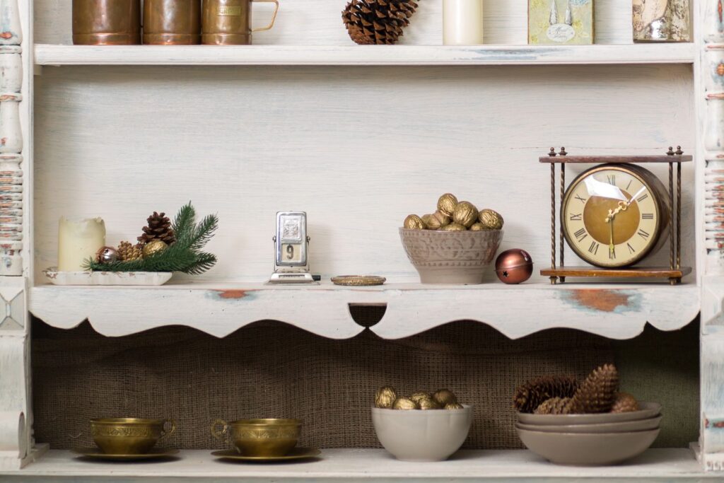 shelves filled with antique decor